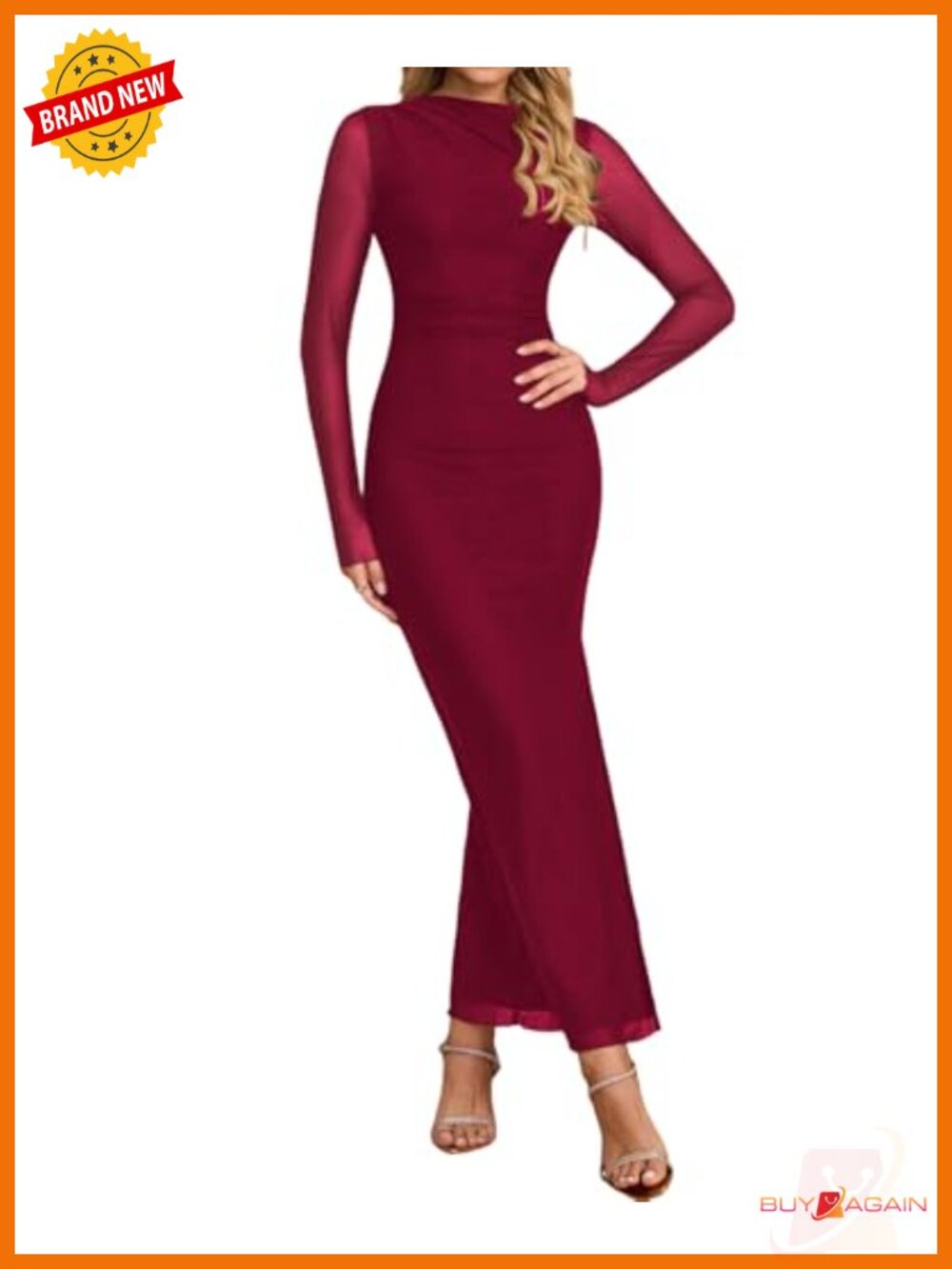 Women's Long Sleeve Bodycon Maxi Dress Mesh Mock Neck Formal Wedding Guest
